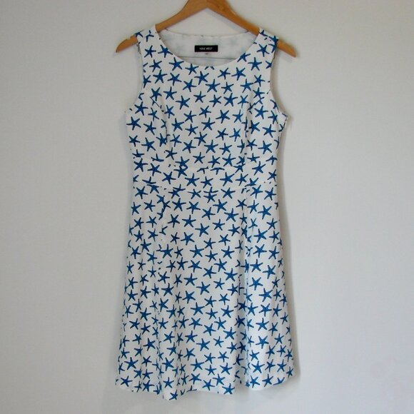 Shift Midi Dress Blue White Summer Starfish Sleeveless A-Line Office Nine West 4 - Picture 1 of 14